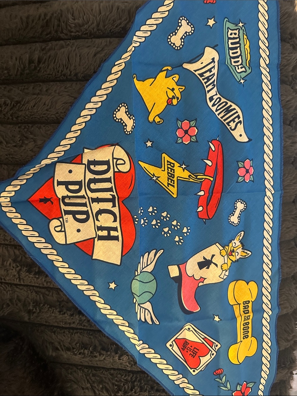Dutch Bros Blue Dog Bandana with Red and Yellow Accents